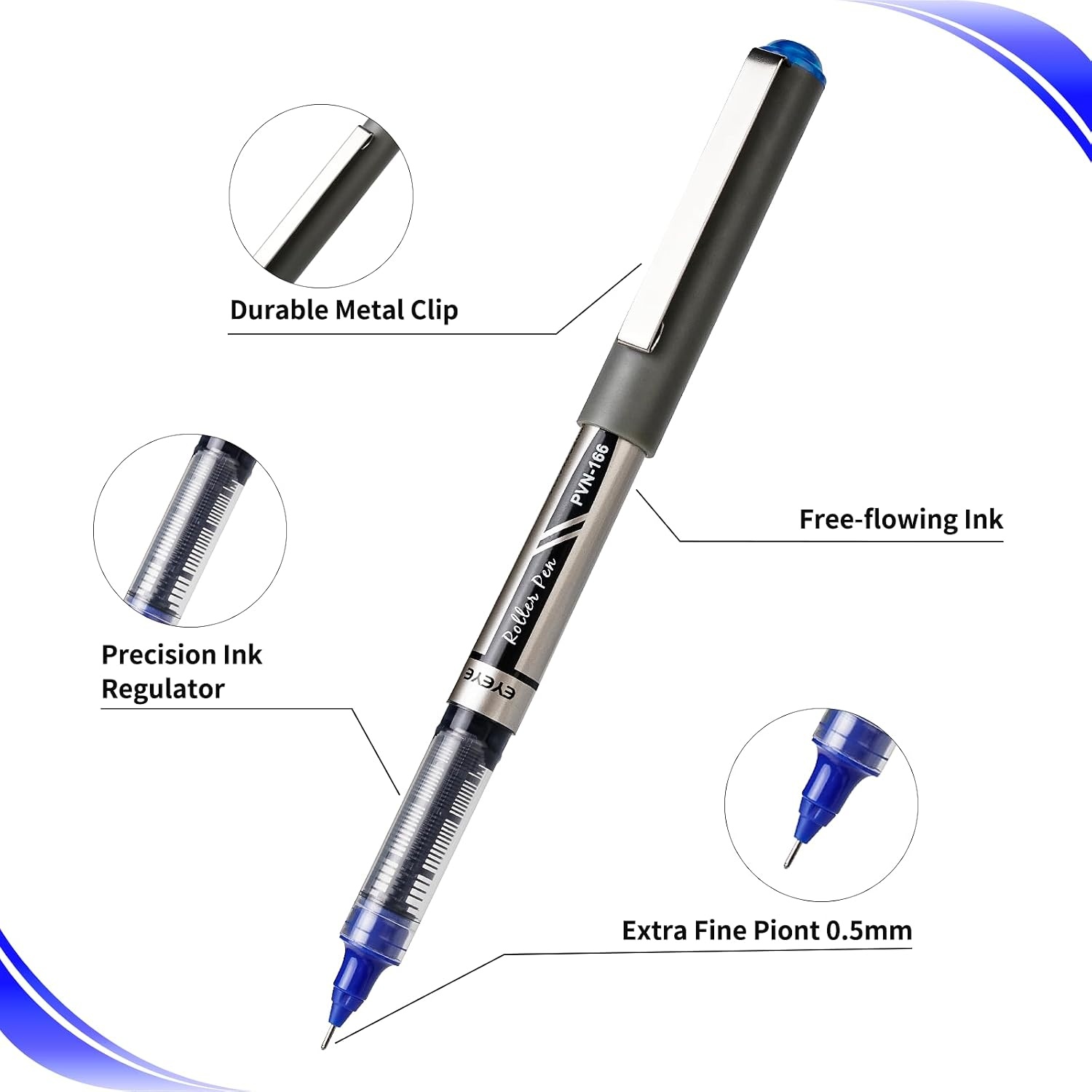image:imageEYEYE 05mm Blue Pens Needle Roller Ball 12 Pack Rollerball Pen Extra Fine Point Quick Dry Liquid Ink Pens Fine Point Smooth Writing Pen for Journaling Note Taking Office School SuppliesBlue