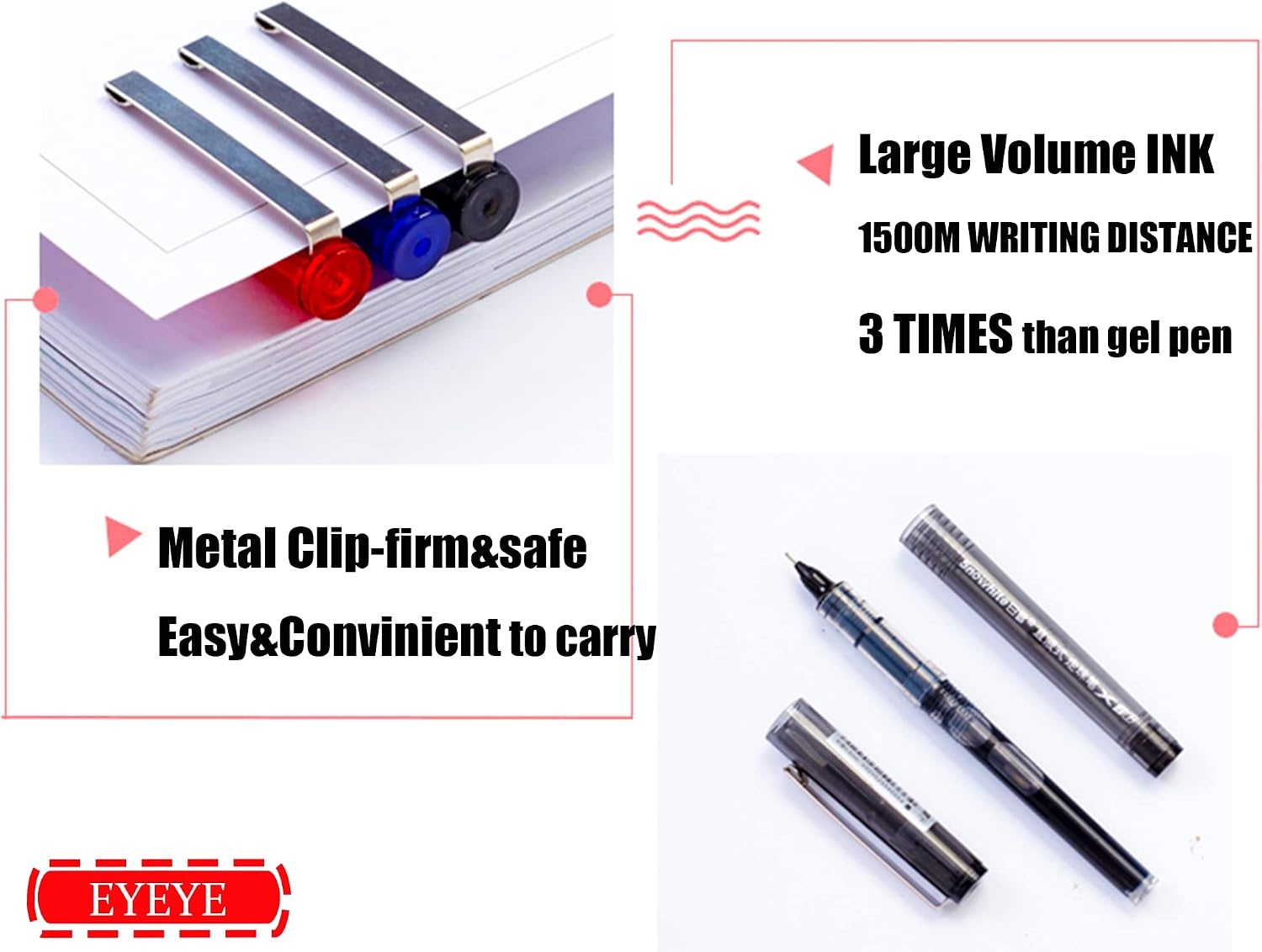 image:imageEYEYE 3 Colors Liquid Ink Rollerball Pens 16 Packs 8 Black amp 4 Blue amp 4 Red Quick Dry Gel Pen 05mm Fine Needle Nib for Taking Notes Doodling School Office Home Supplies