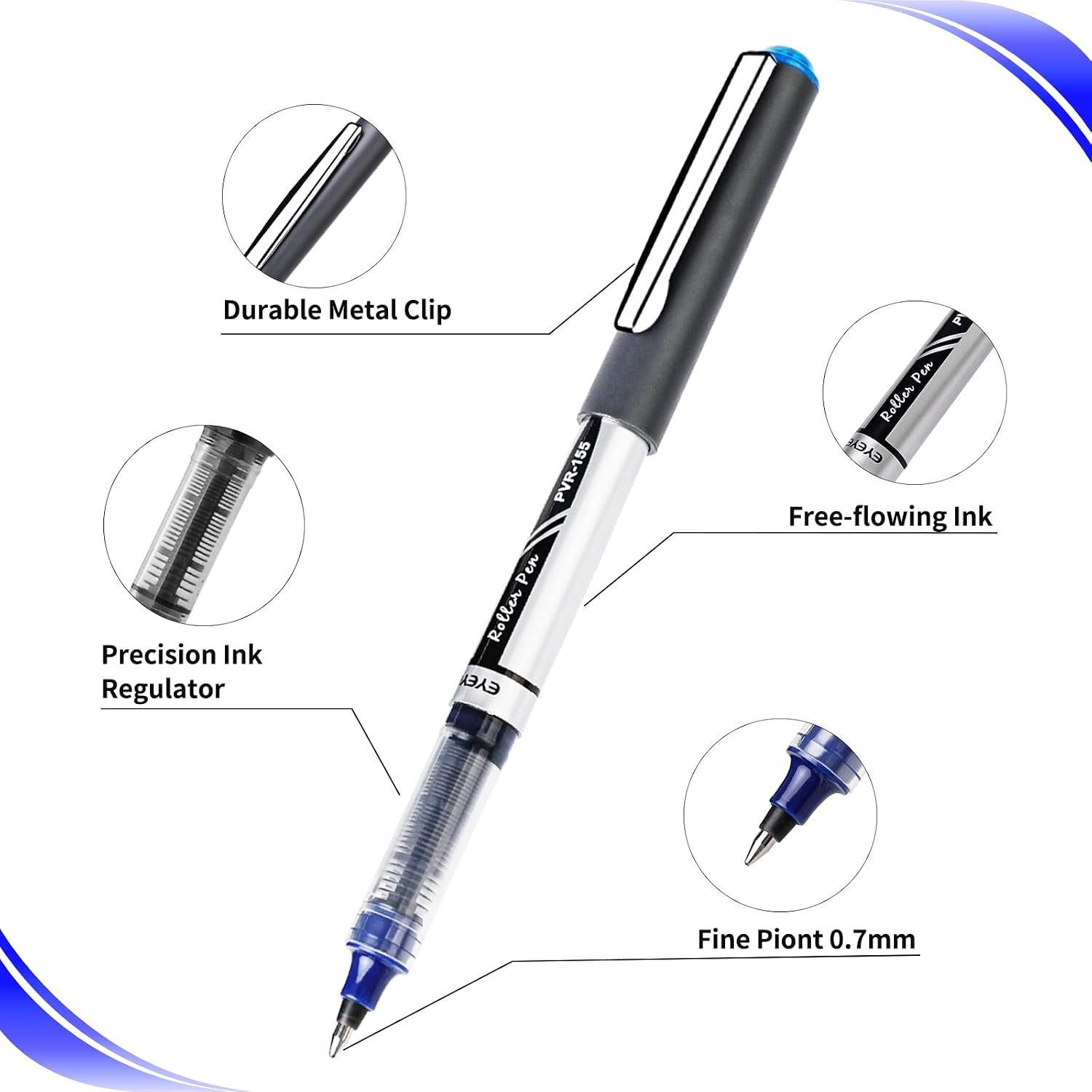 image:imageEYEYE Blue Rollerball Pens 07mm 25 Pack Liquid Ink Roller Ball Pen Medium Point Quick Dry Blue Ink Pens Fine Point Smooth Writing Pen for Journaling Note Taking Office School SuppliesBlackBlue