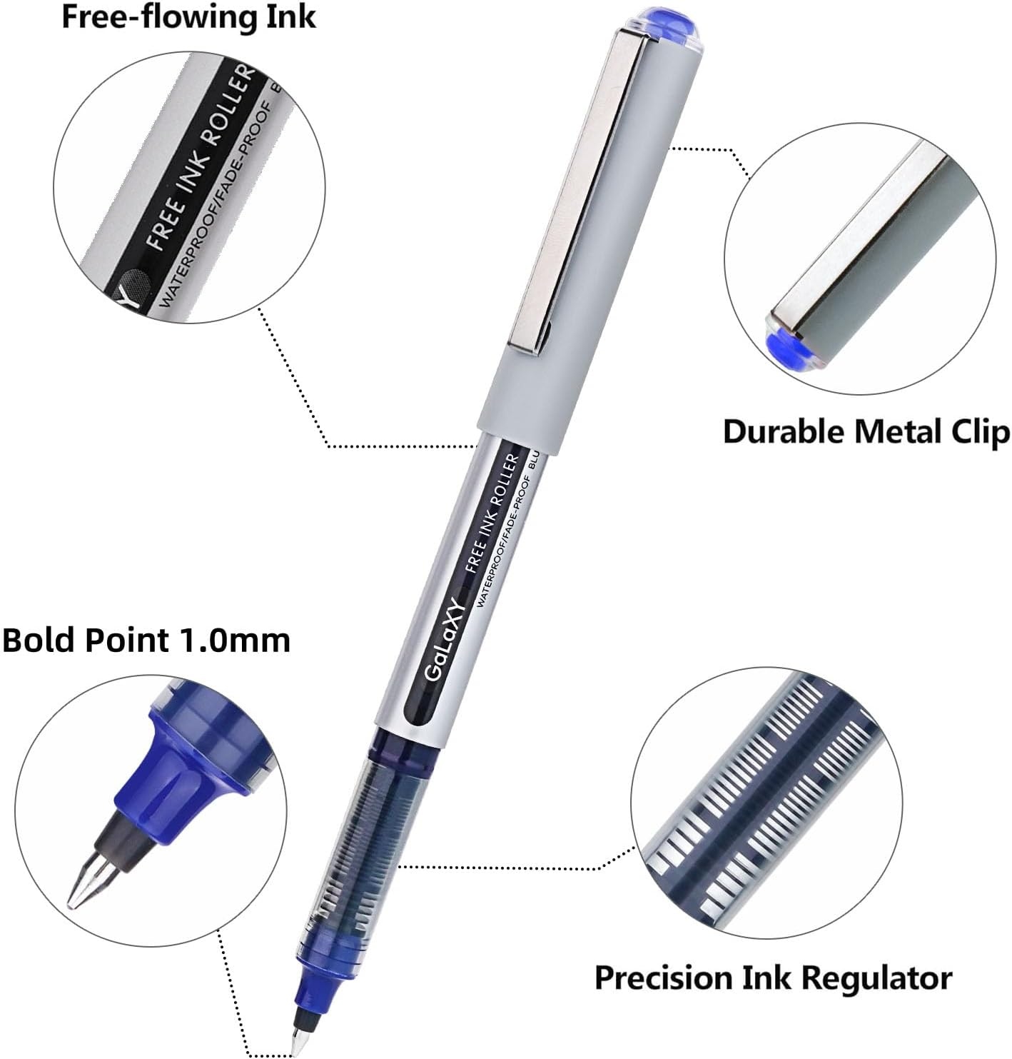 image:imageEYEYE Blue Rollerball Pens 10mm 25 Pack Roller Ball Pen Quick Dry Liquid Blue Ink Pens Bold Point Smooth Writing Pen for Journaling Note Taking Office School SuppliesBlackBlue