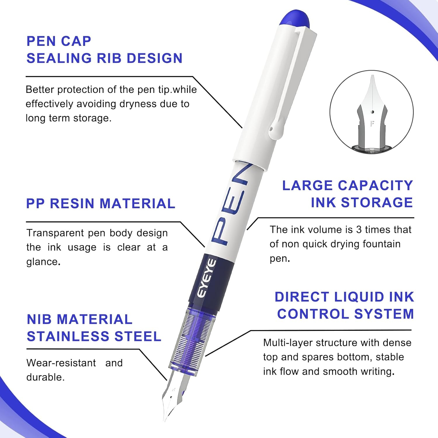 image:imageEYEYE Disposable Fountain Pens 8 Pack Black Fine Point Pens for Writing Stainless Steel Nib Smooth Writing for Journaling Drafting Sketching Doodling amp Office Supplies3 Black3 Blue2 Light Blue