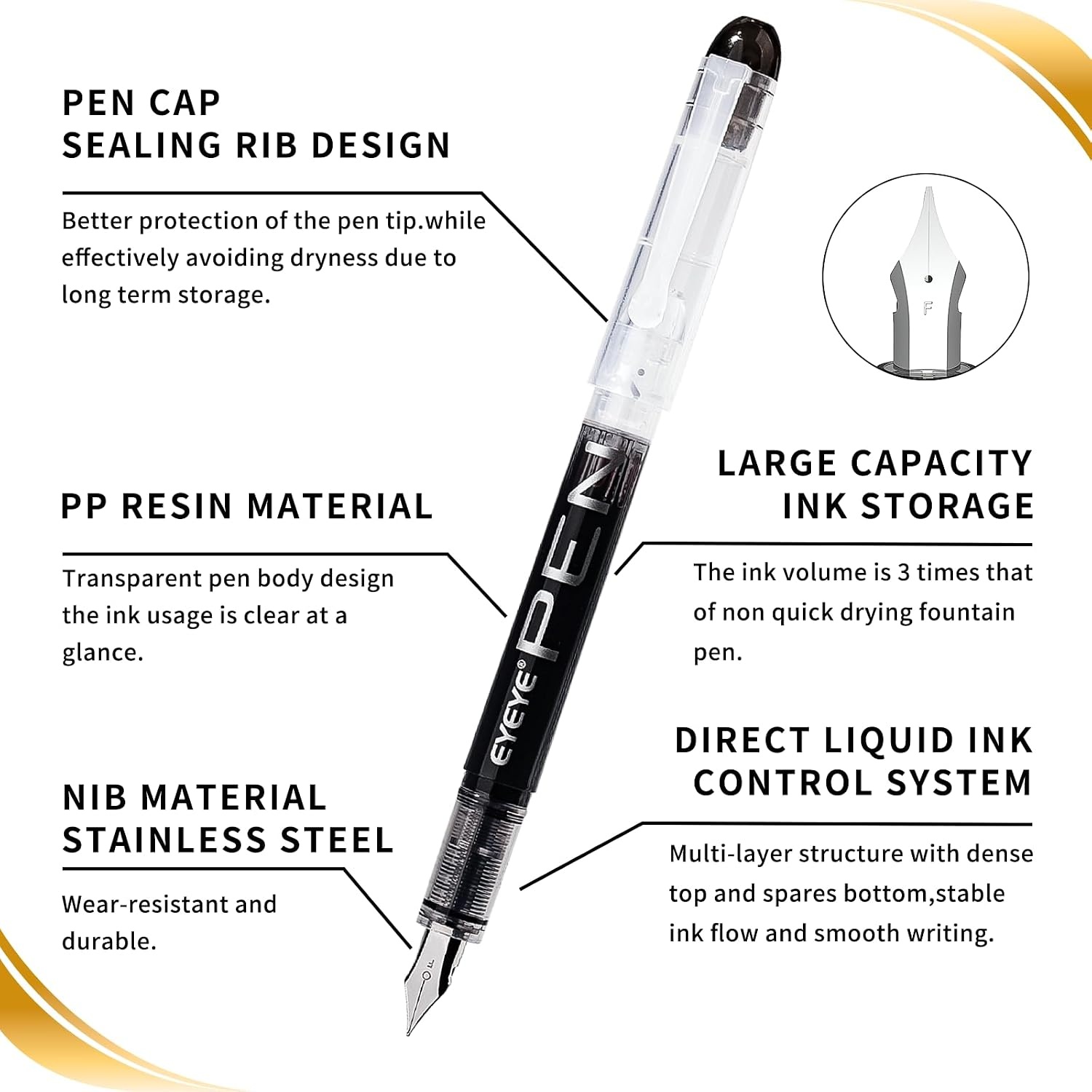 image:imageEYEYE Disposable Fountain Pens 8 Pack Black Fine Point Pens for Writing Stainless Steel Nib Smooth Writing for Journaling Drafting Sketching Doodling amp Office SuppliesBlack