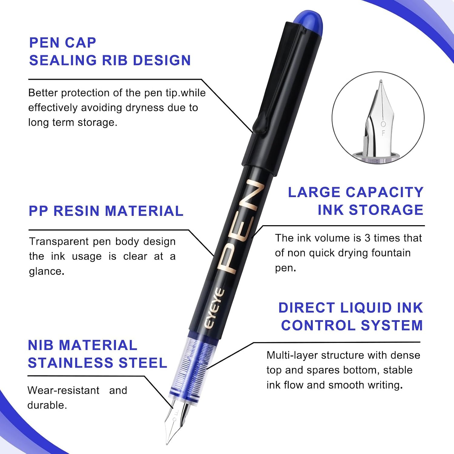 image:imageEYEYE Disposable Fountain Pens Fine Nib 9 Pack Multicolor Fountain Pens for Writing Stainless Steel Nib Black Barrel Smooth Writing for Calligraphy Journaling Drafting Office amp School SuppliesBlue