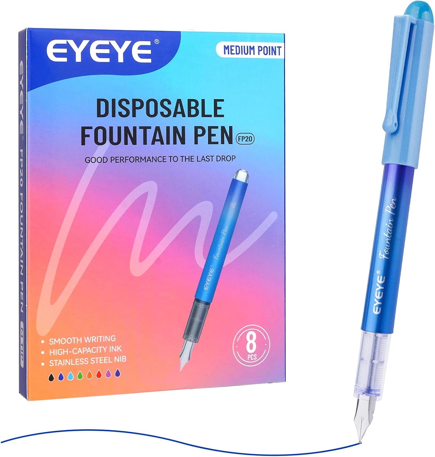 image:imageEYEYE Disposable Fountain Pens for Writing Medium Point Stainless Steel Nib Pack of 8 Assorted ColorsBlack