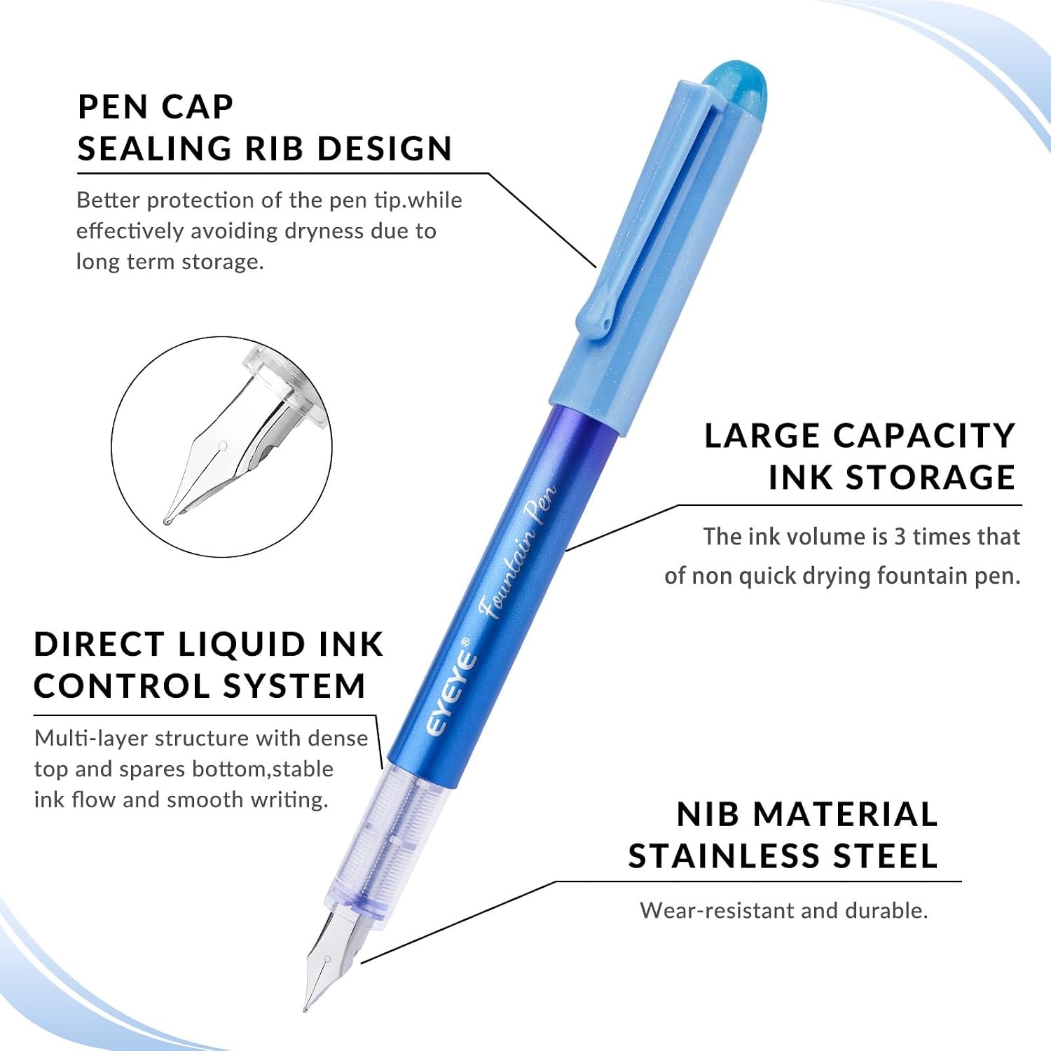 image:imageEYEYE Disposable Fountain Pens for Writing Medium Point Stainless Steel Nib Pack of 8 Assorted ColorsBlue