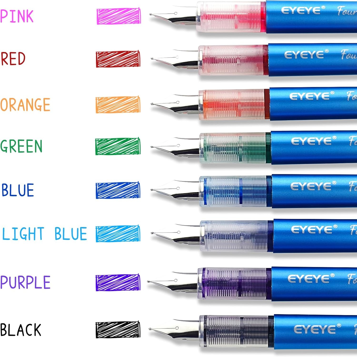image:imageEYEYE Disposable Fountain Pens for Writing Medium Point Stainless Steel Nib Pack of 8 Assorted ColorsMulticolor