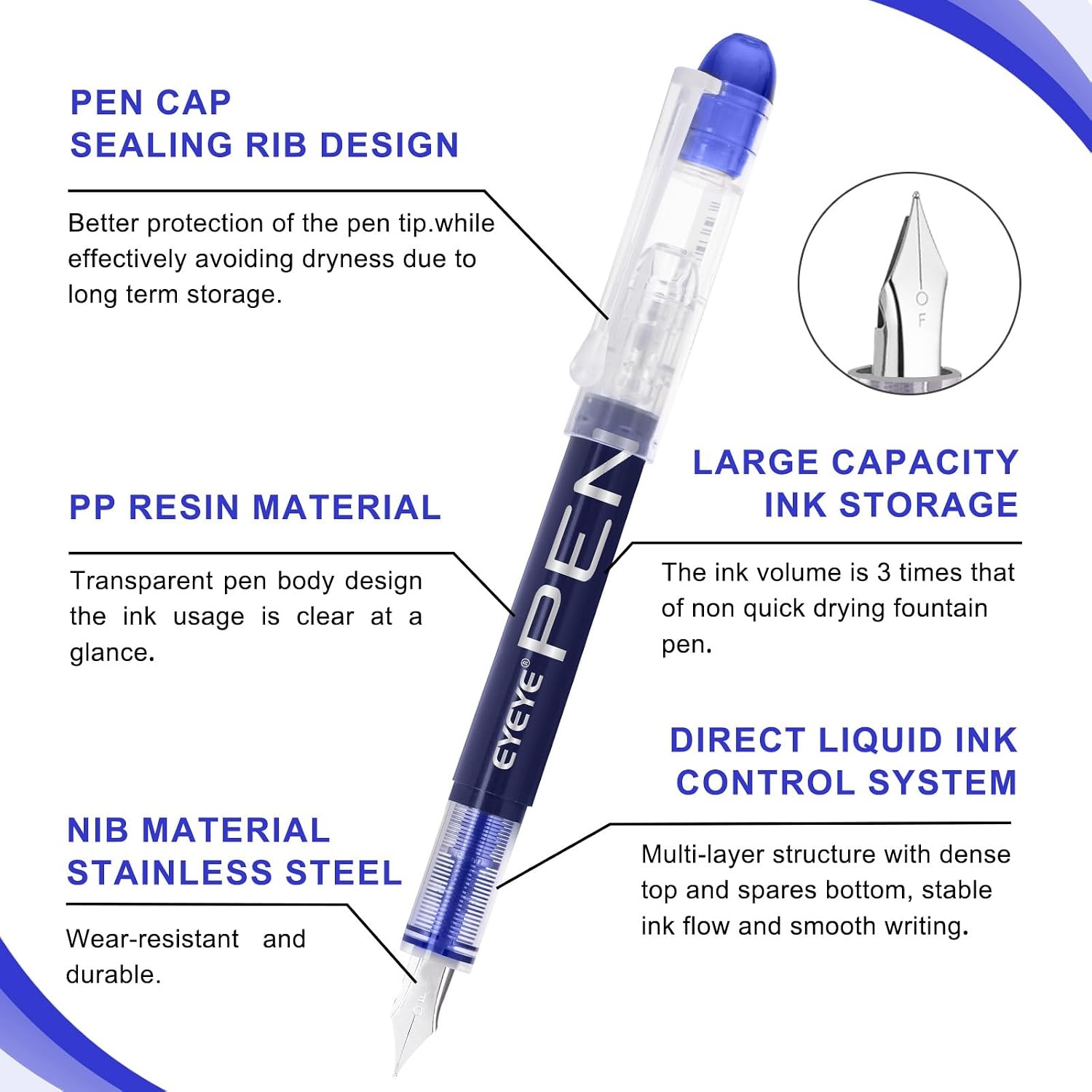 image:imageEYEYE Fountain Pens for Writing 5 Black 4 Blue Disposable Fountain Pens Stainless Steel Nib Clear Barrel Fine Point Smooth Writing for Calligraphy Journaling Office amp School Supplies9 Colors