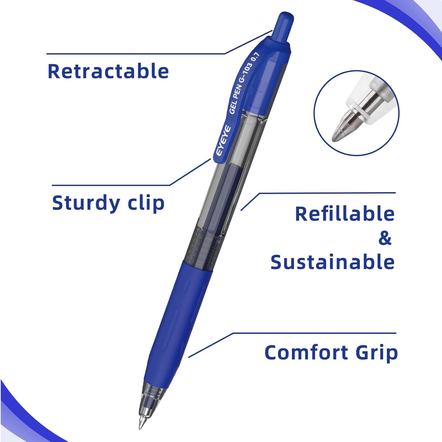 image:imageEYEYE G103 Retractable Gel Pens Black 50 Pack 05mm Extra Fine Point Ink Pen Quick Dry Ballpoint Pen Fine Point Smooth Writing Pens for for Office School SuppliesBlue