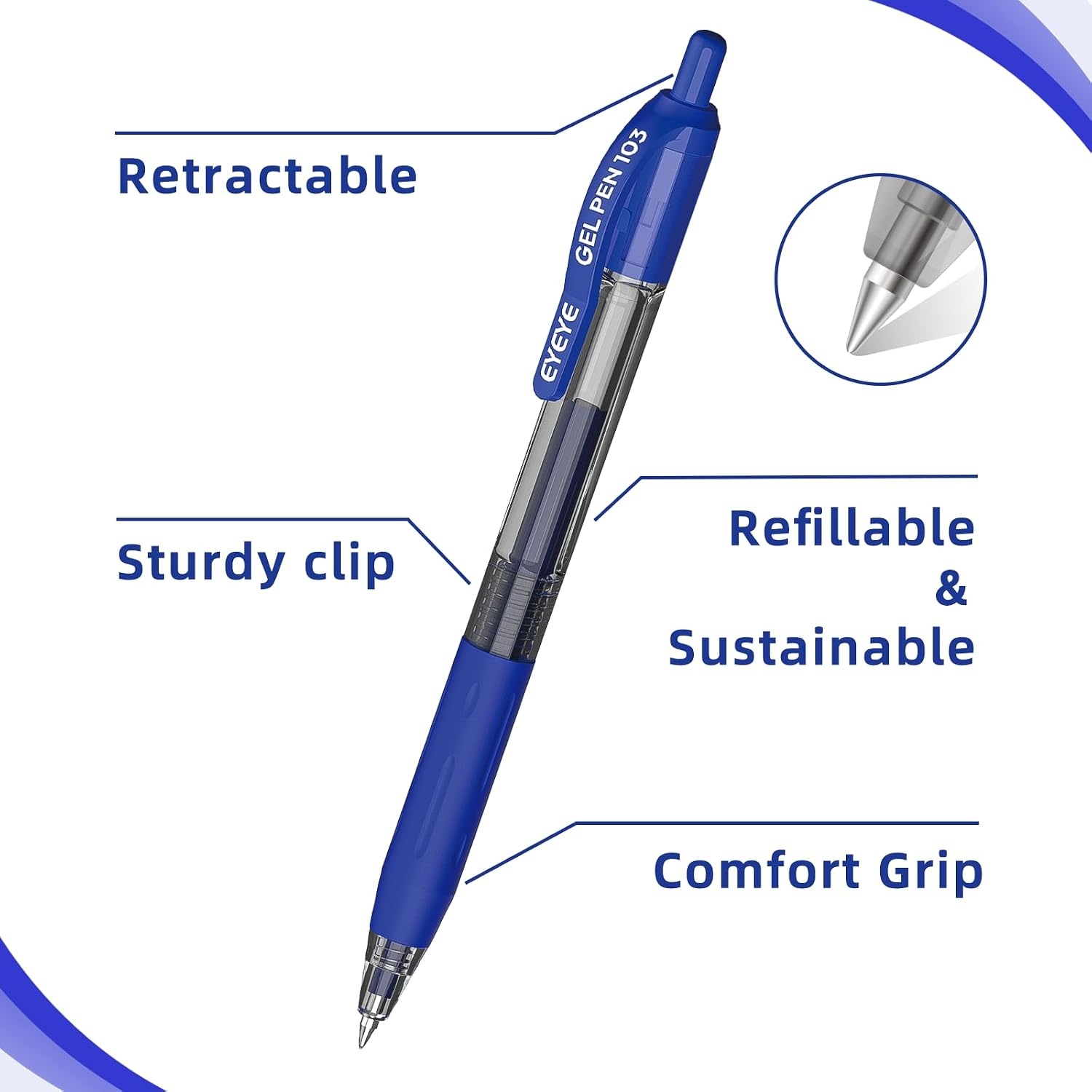 image:imageEYEYE G103 Retractable Gel Pens Black 50 Pack 05mm Extra Fine Point Ink Pen Quick Dry Ballpoint Pen Fine Point Smooth Writing Pens for for Office School SuppliesBlue