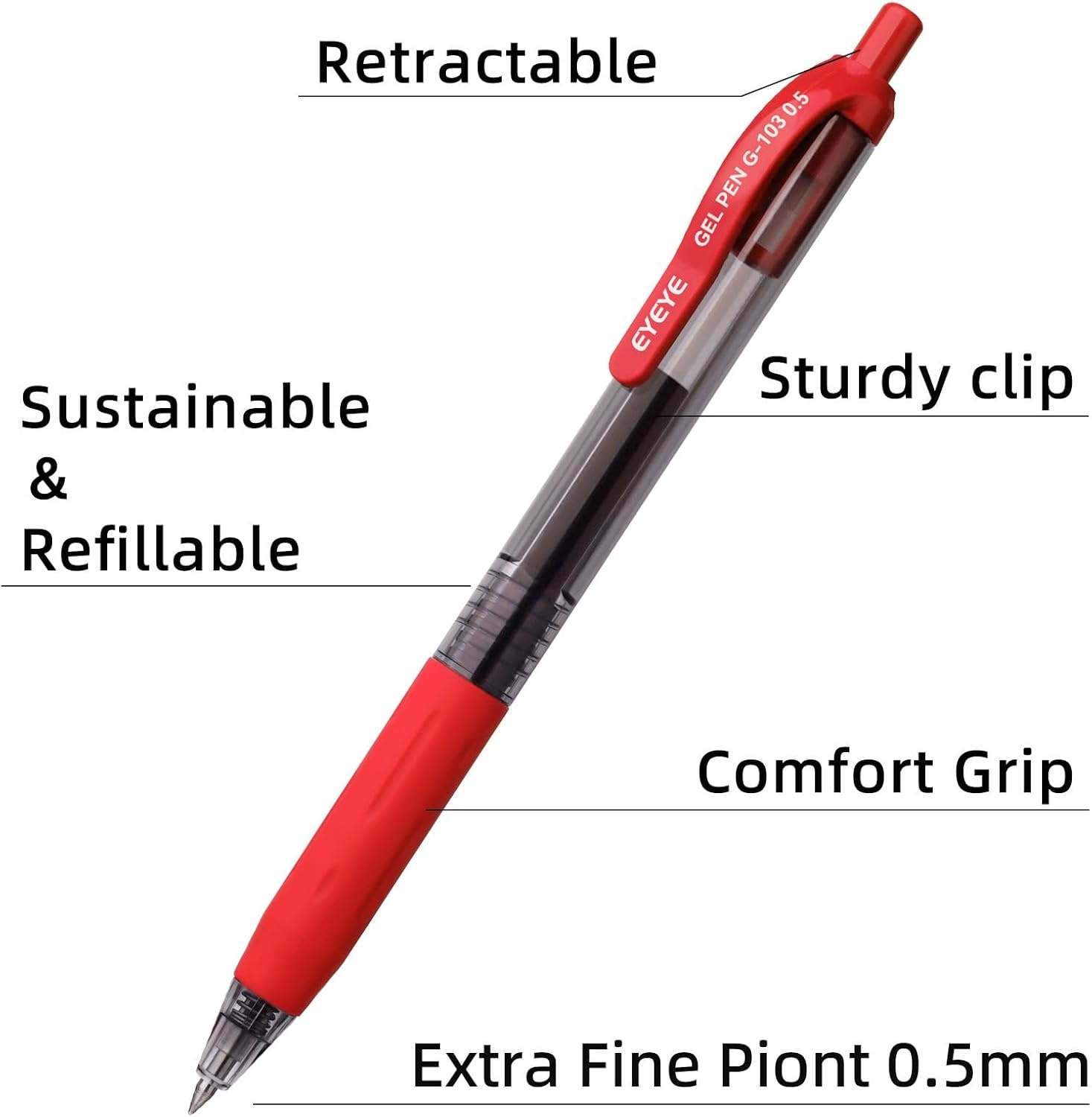 image:imageEYEYE Red Gel Pens 15 Pack G103 Retractable 05mm Extra Fine Point Quick Dry Red Ink Pen Fine Point Smooth Writing Pens for Journaling School Office WritingRed