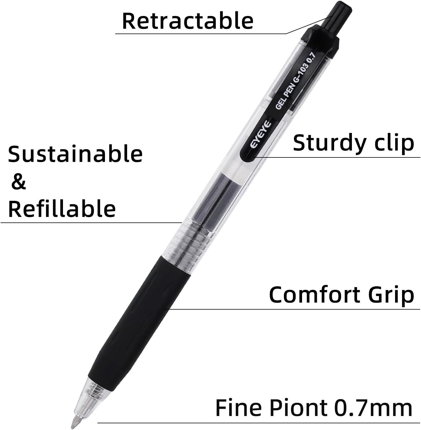 image:imageEYEYE Red Gel Pens 15 Pack G103 Retractable 07mm Medium Point Quick Dry Red Ink Pen Fine Point Smooth Writing Pens for Journaling School Office WritingBlack