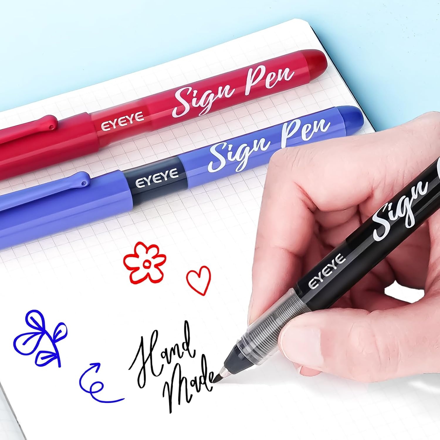image:imageEYEYE Sign Pens 9 Pack Black Blue Red Green 10mm Nib Tip 06mm Line Liquid Ink Sign Pen Smooth Writing Fineliner Marker Pens Quick DryingBlackBlueRed