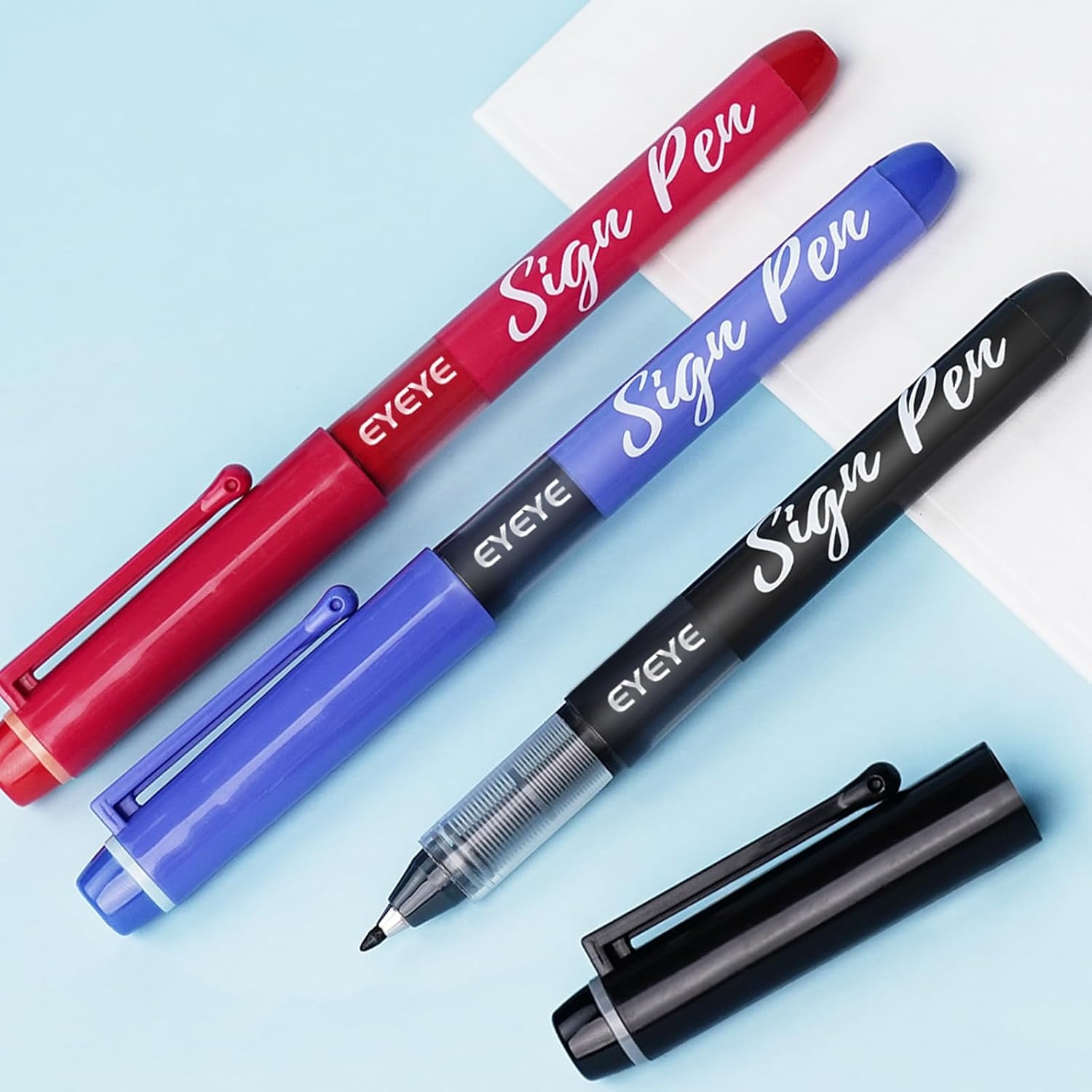 image:imageEYEYE Sign Pens 9 Pack Black Blue Red Green 10mm Nib Tip 06mm Line Liquid Ink Sign Pen Smooth Writing Fineliner Marker Pens Quick DryingBlackBlueRed