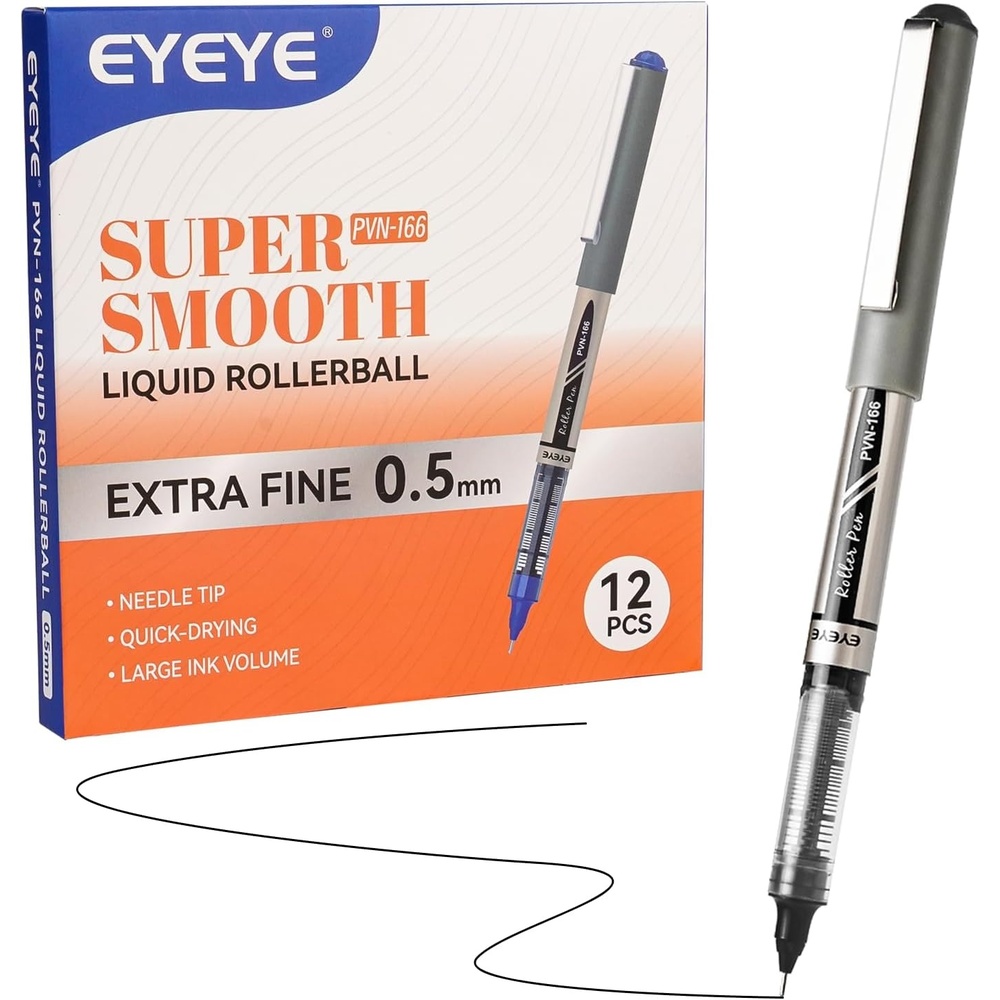 image:imageEYEYE 05mm Blue Pens Needle Roller Ball 12 Pack Rollerball Pen Extra Fine Point Quick Dry Liquid Ink Pens Fine Point Smooth Writing Pen for Journaling Note Taking Office School SuppliesBlack