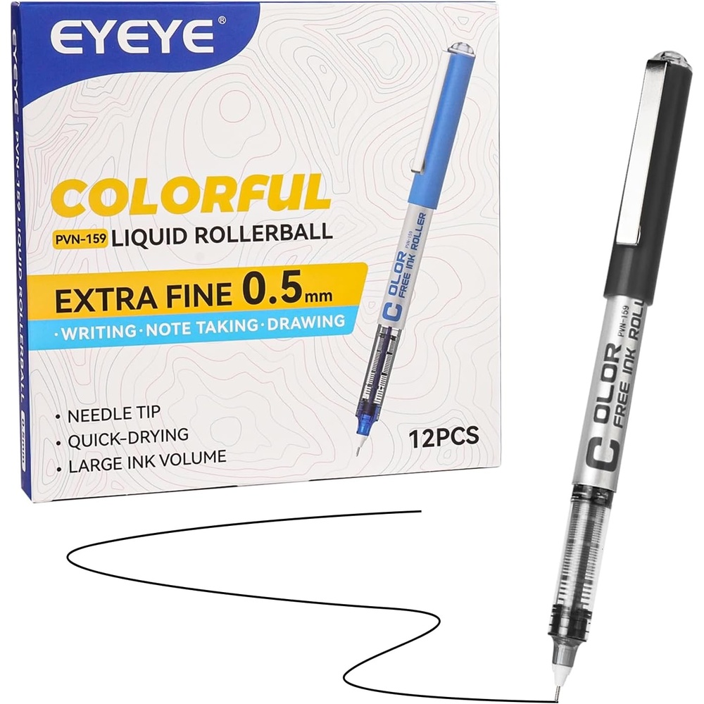 image:imageEYEYE 05mm Blue Pens Needle Tip 12 Pack Rollerball Pen Extra Fine Point Quick Dry Blue Liquid Ink Pens Fine Point Smooth Writing Pen for Journaling Note Taking Office School SuppliesBlack