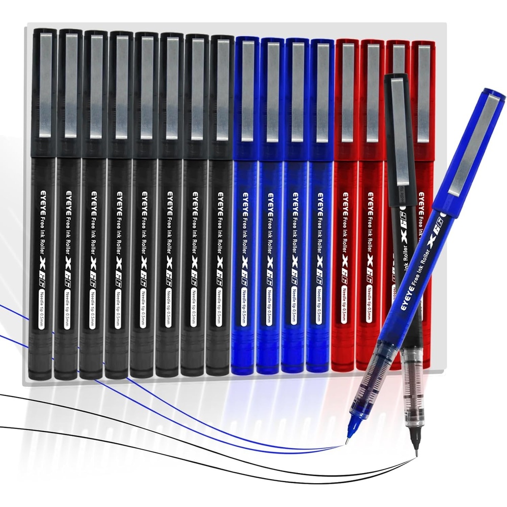 image:imageEYEYE 3 Colors Liquid Ink Rollerball Pens 16 Packs 8 Black amp 4 Blue amp 4 Red Quick Dry Gel Pen 05mm Fine Needle Nib for Taking Notes Doodling School Office Home Supplies