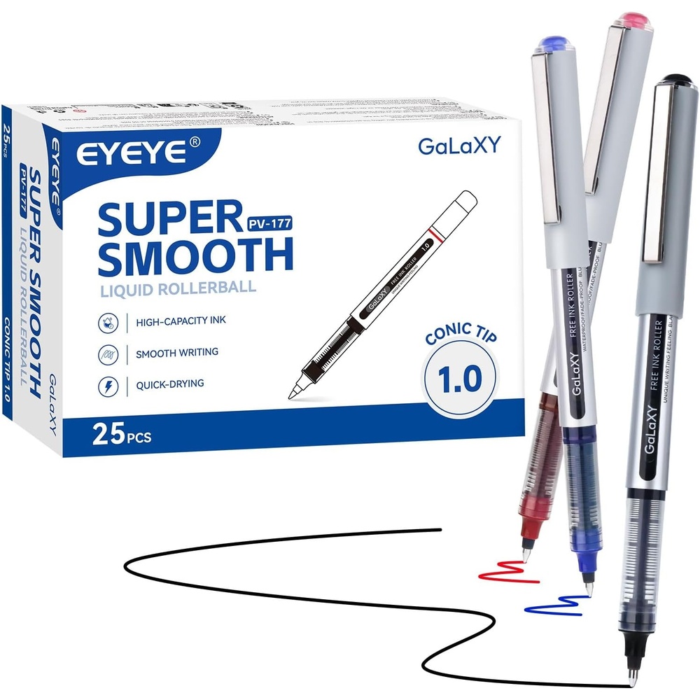 image:imageEYEYE Blue Rollerball Pens 10mm 25 Pack Roller Ball Pen Quick Dry Liquid Blue Ink Pens Bold Point Smooth Writing Pen for Journaling Note Taking Office School SuppliesBlackBlueRed
