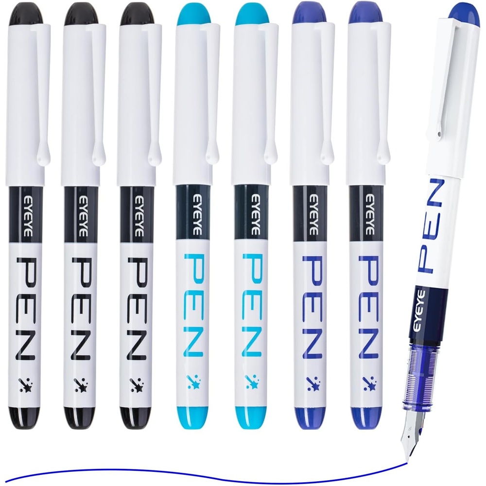image:imageEYEYE Disposable Fountain Pens 8 Pack Black Fine Point Pens for Writing Stainless Steel Nib Smooth Writing for Journaling Drafting Sketching Doodling amp Office Supplies3 Black3 Blue2 Light Blue