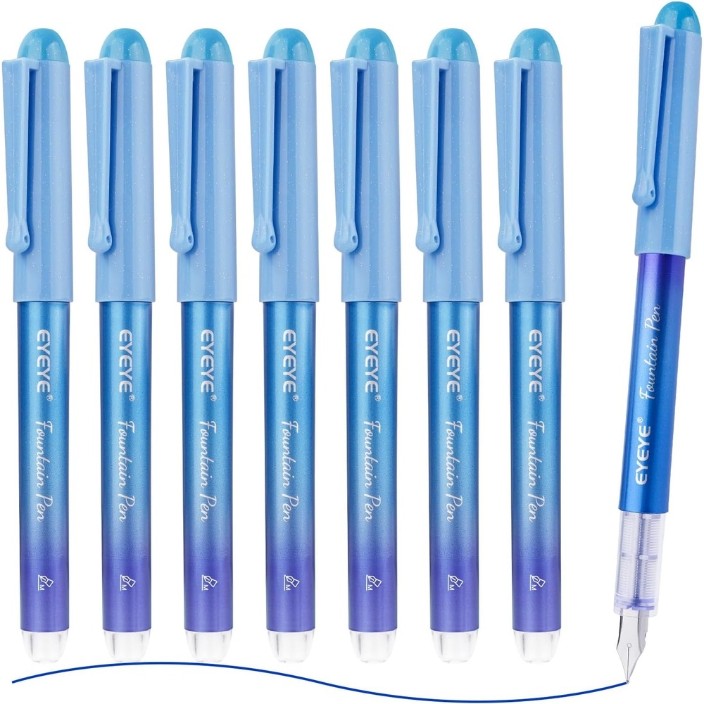 image:imageEYEYE Disposable Fountain Pens for Writing Medium Point Stainless Steel Nib Pack of 8 Assorted ColorsBlue