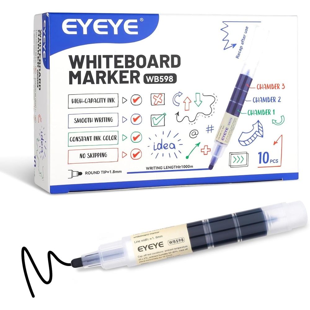 image:imageEYEYE Dry Erase Markers 10 Packs Black Whiteboard Markers Bulk Low Odor Easy Clean Ideal for Classroom School Office Home Whiteboard UseBlack