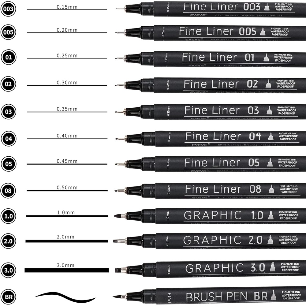image:imageEYEYE Micro Fineliner Pens Black Drawing Art Pens12 Archival Pen Waterproof Ink Set Artist Supplies Archival Inking Markers Sketch Outline Pen Precision Drawing and Sketching Kit12 Pack