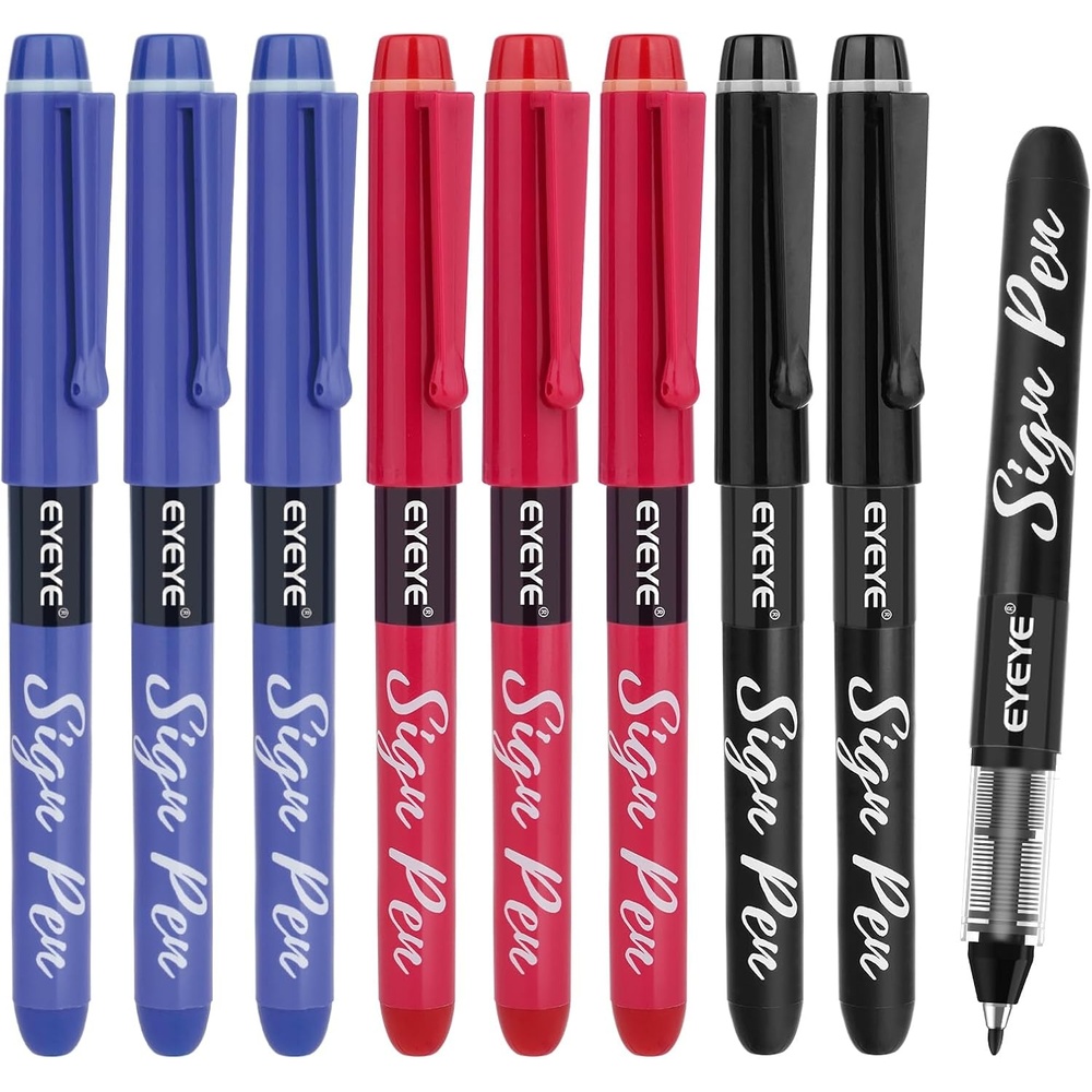 image:imageEYEYE Sign Pens 9 Pack Black Blue Red Green 10mm Nib Tip 06mm Line Liquid Ink Sign Pen Smooth Writing Fineliner Marker Pens Quick DryingBlackBlueRed
