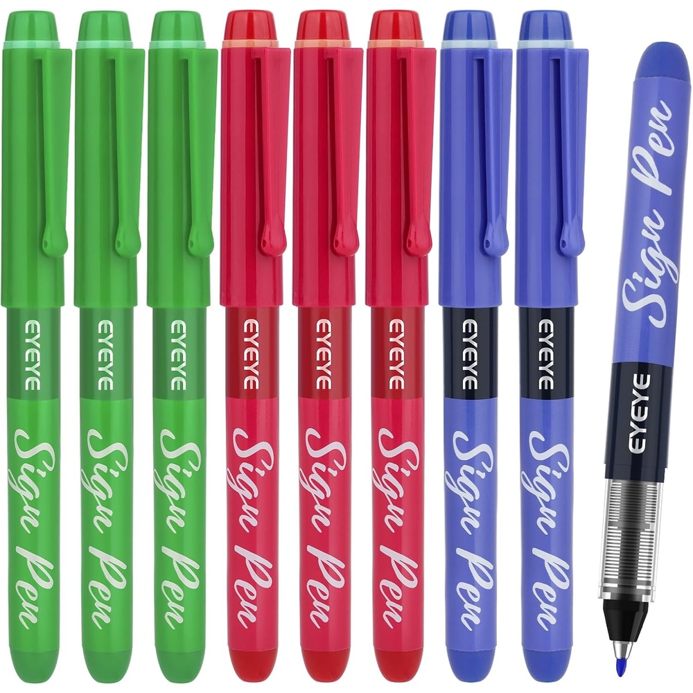 image:imageEYEYE Sign Pens 9 Pack Black Blue Red Green 10mm Nib Tip 06mm Line Liquid Ink Sign Pen Smooth Writing Fineliner Marker Pens Quick DryingBlueRedGreen